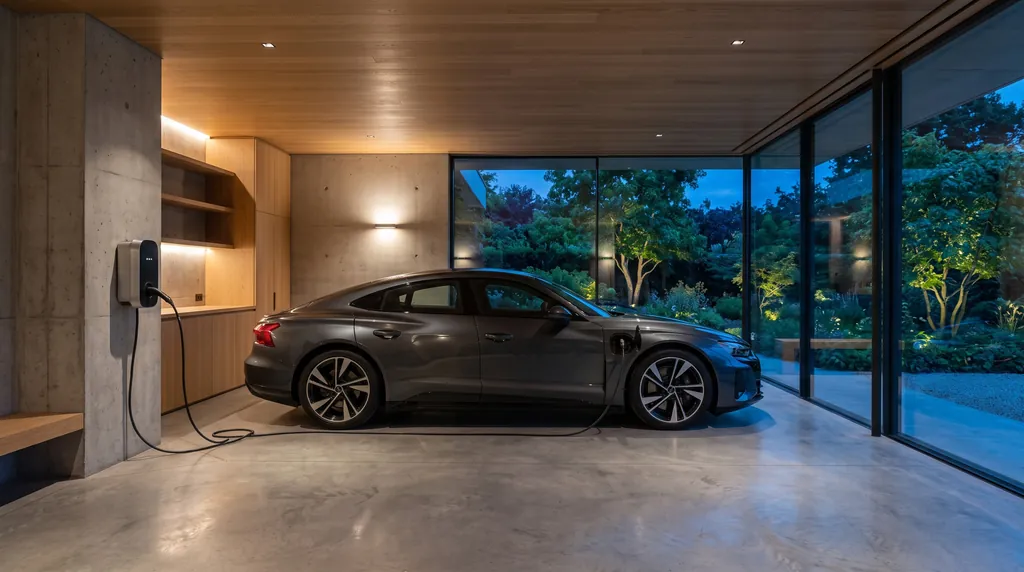 Elektroauto lädt an einer Wallbox in einer Architektengarage zur blauen Stunde