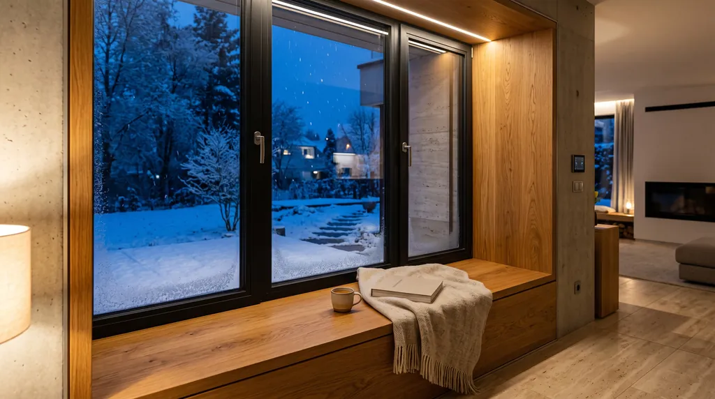 Dreifach verglastes Fenster mit breiter Sitzbank aus Eiche an einem verschneiten Winterabend