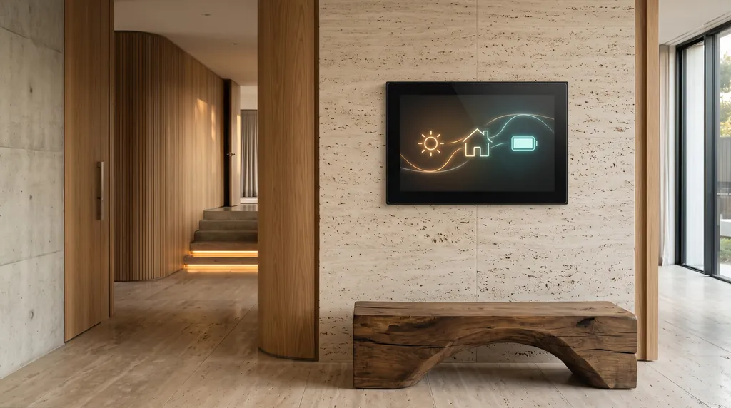 Energieanzeige an der Wand eines modernen Flurs mit abstraktem Energiefluss