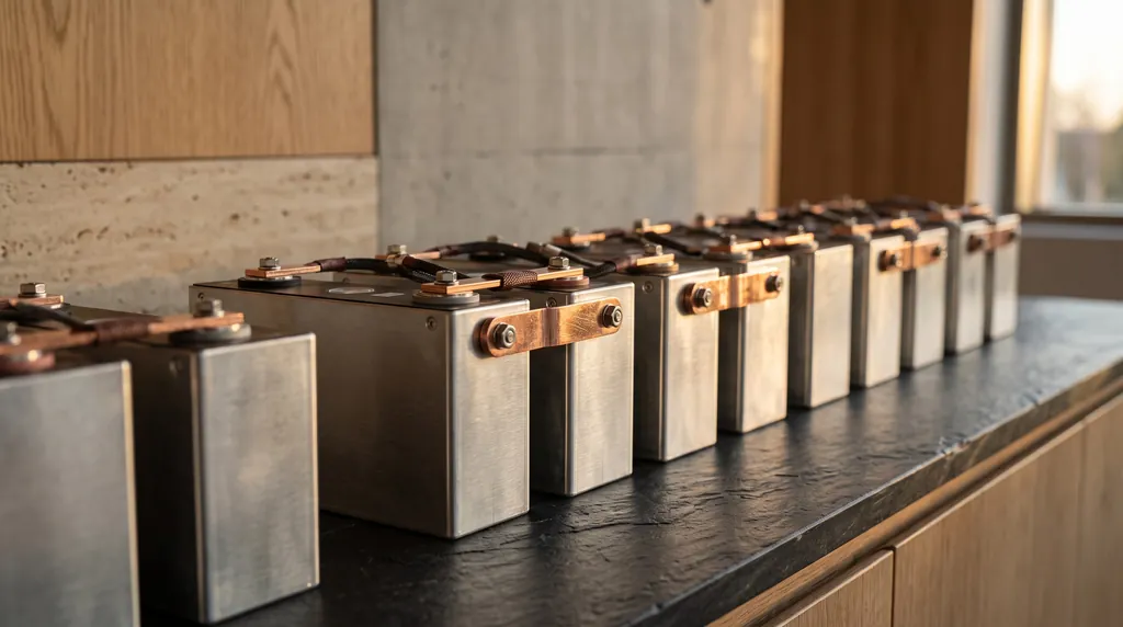 Prismatische Batteriezellen mit Metallverbindern auf einer dunklen Werkbank