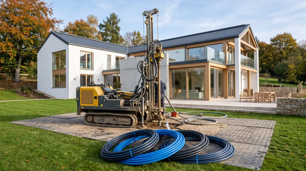 Kleines Bohrgerät für Erdwärme im Garten eines modernen Hauses, davor aufgerollte Sondenrohre