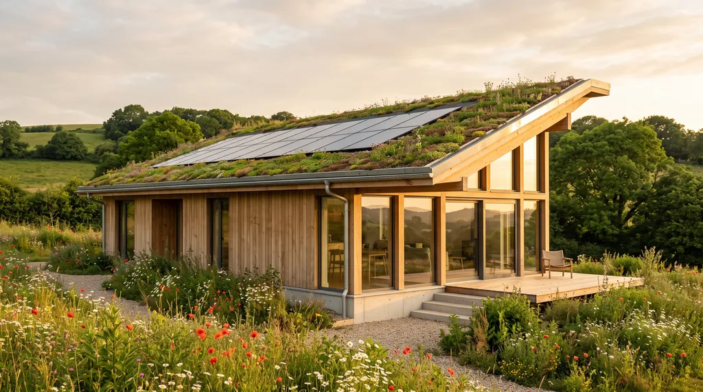 Passivhaus aus Holz mit Gründach und integrierter Solaranlage auf einer Wiese im Abendlicht
