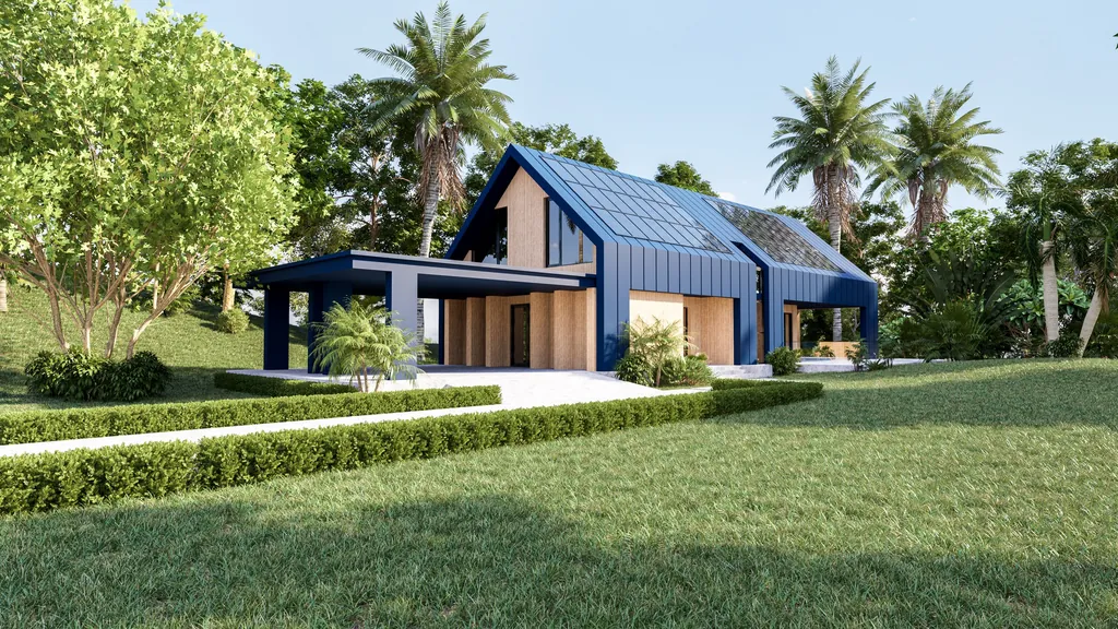 Zeitgenössisches Satteldachhaus mit Stehfalzdach und integrierten Solarmodulen in einem gestalteten Garten