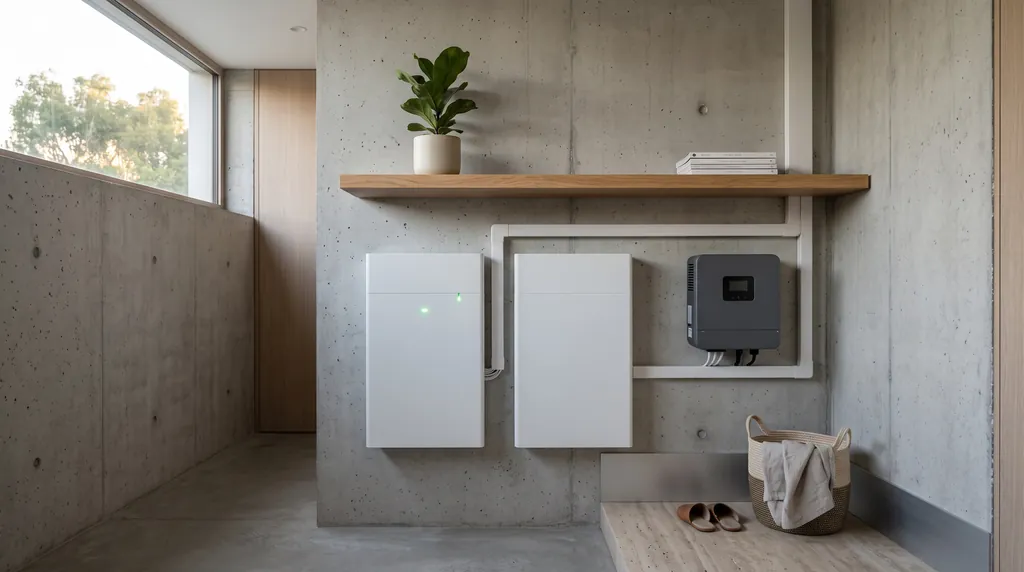 Zwei schlanke Batteriemodule und ein Hybridwechselrichter an einer Betonwand in einem aufgeräumten Technikraum