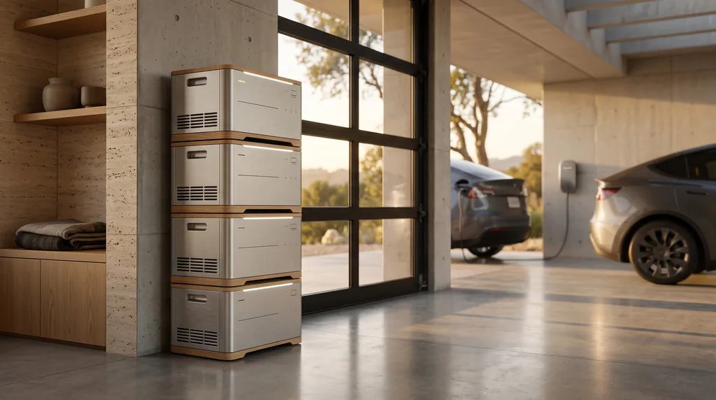 Modularer Heimspeicher in einer modernen Garage in der Dämmerung, dahinter unscharf ein Elektroauto