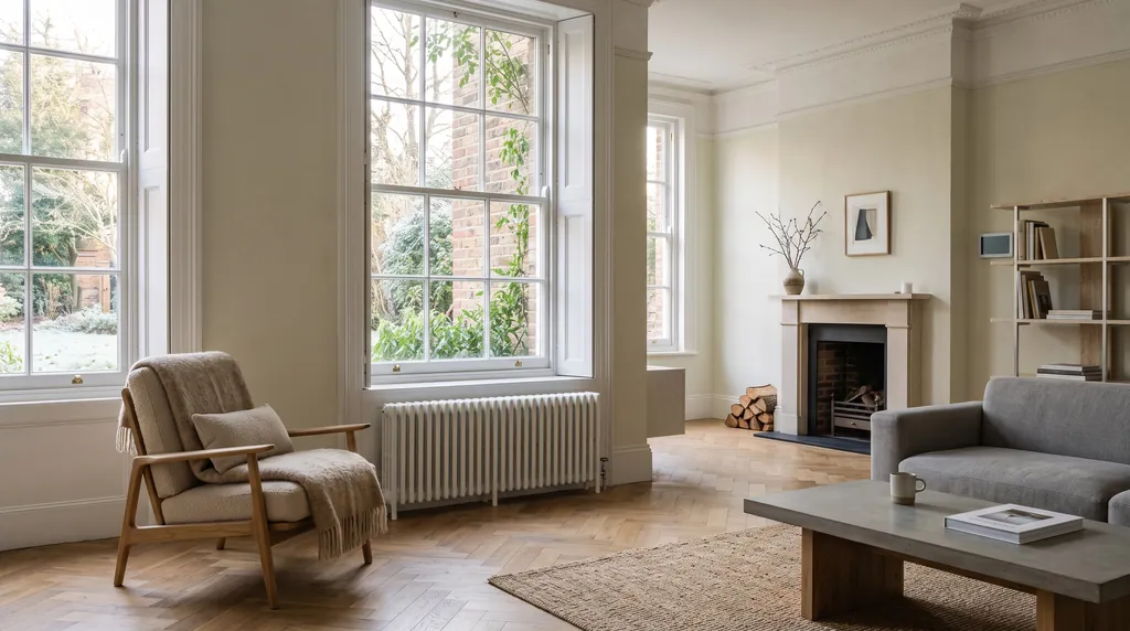 Altbau-Wohnzimmer mit hohen Fenstern und schlankem modernem Röhrenheizkörper