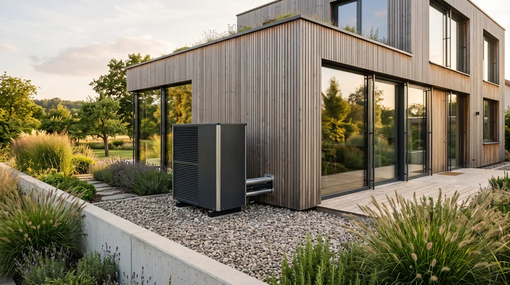 Außeneinheit einer Luft-Wasser-Wärmepumpe neben einem holzverkleideten modernen Haus