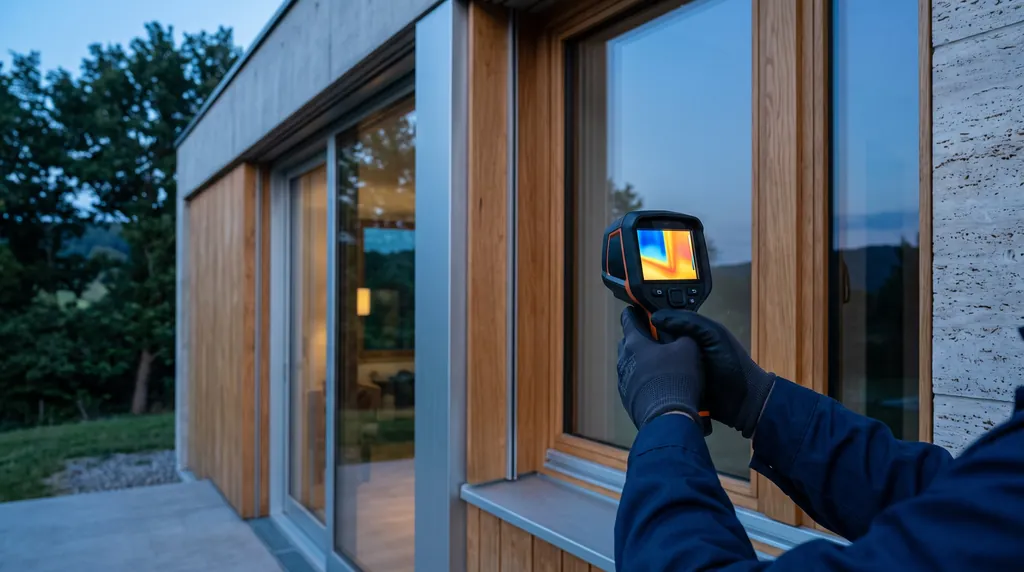 Wärmebildkamera vor dem Fensterrahmen eines Hauses in der Dämmerung