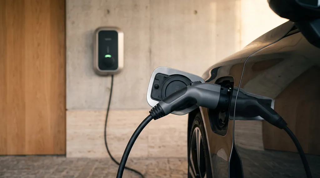 Ladekabel steckt in einem Elektroauto, dahinter unscharf eine Wallbox